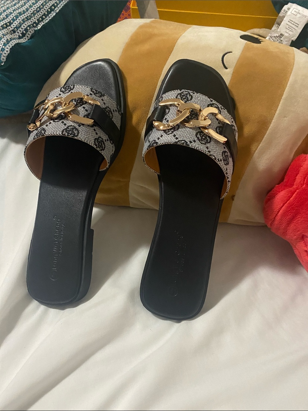 Gold-Chain Black Patterned Slide Mules - Women's
